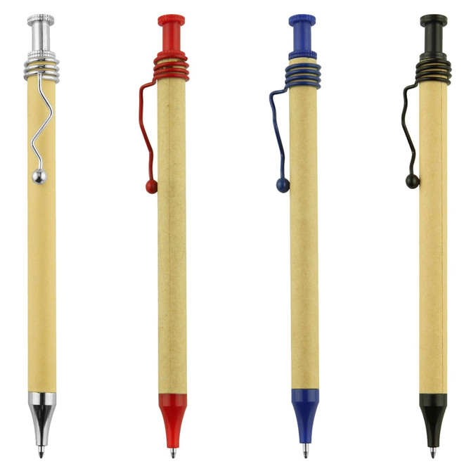 A collection of four recycled cardboard pens in silver, red, blue, and black, featuring sleek designs and coloured clips.