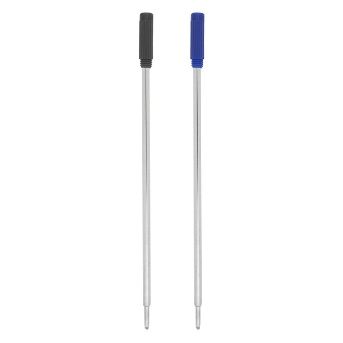 Metal cross-type refills in silver with black and blue plastic caps. Includes two refill options for writing instruments.