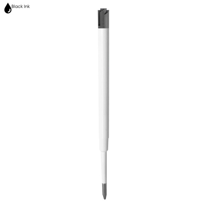 A white plastic refill for a Parker type pen with a black ink tip. The refill has a simple design and a grey end.
