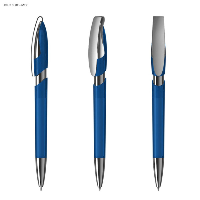 A light blue plastic pen with a silver clip and accents, featuring a sleek design and a logo.