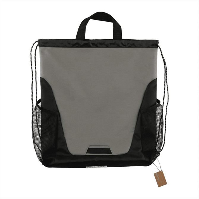 A grey and black drawstring bag with mesh side pockets and a top handle, featuring a logo.