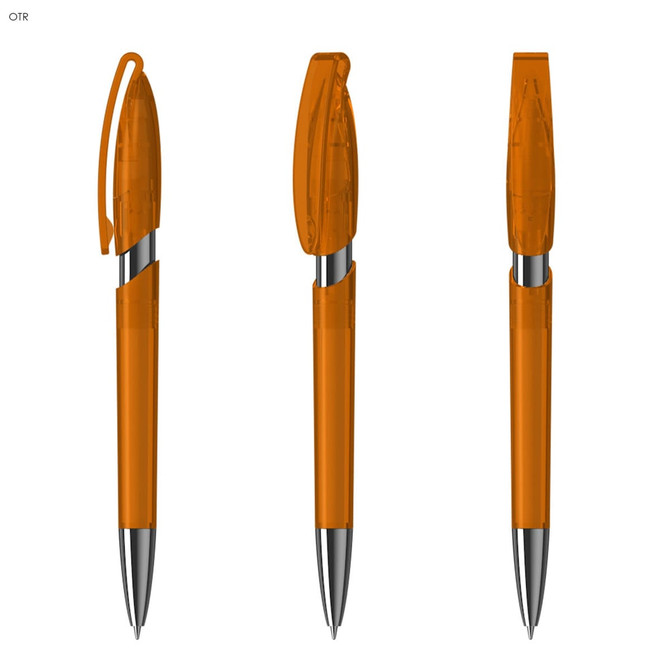 Three orange plastic pens displayed from different angles, featuring silver accents and a logo on the barrel.
