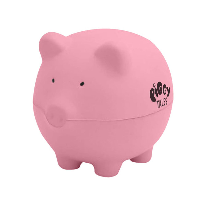 A pink stress-relief pig in a round shape with small ears, a snout, and a logo on the side.