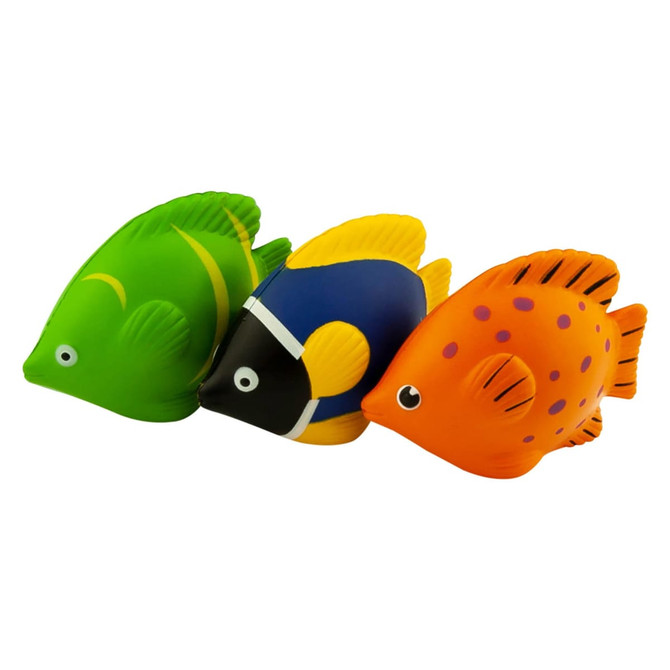 Three colourful stress fish toys in green, orange, and blue, featuring various patterns and a playful design.