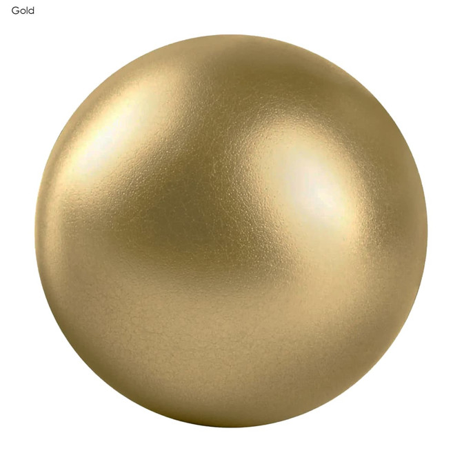 A gold stress ball with a smooth, shiny surface. It features a logo but no other text or designs.