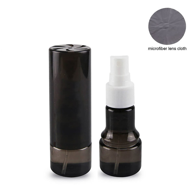 A black spray bottle and a small container, accompanied by a grey microfiber lens cloth.