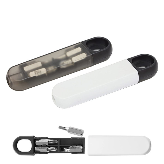 A compact mini screwdriver kit in black and white, featuring multiple screwdriver bits stored in a slim case with a loop.