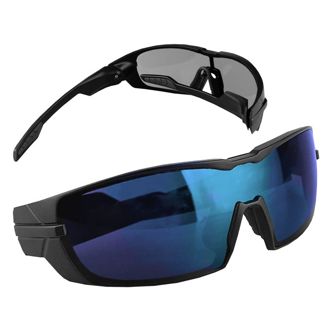 Twist Sunglasses in black with blue tinted lenses, featuring a sleek design and a logo on the frame.
