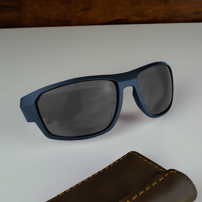 A pair of blue sunglasses with dark lenses rests on a light surface beside a brown case.