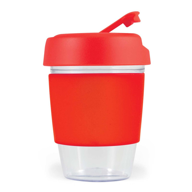 A drink cup with a clear body and a red silicone band and lid. It features a removable top.