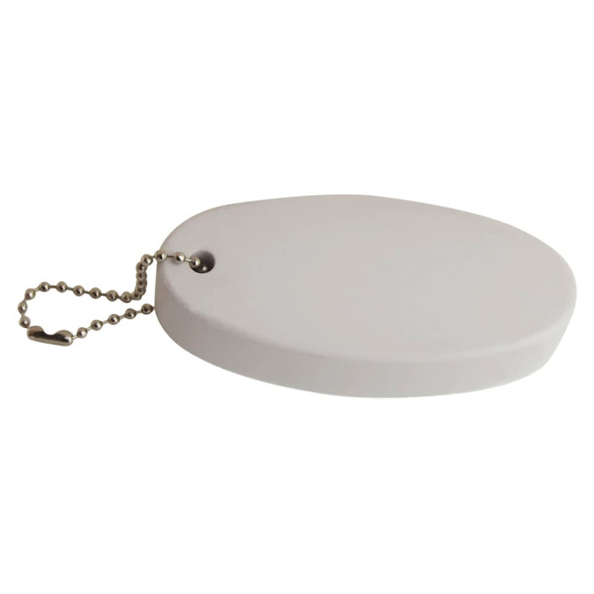 A white floating key ring with a rounded, oval shape and a metal chain for attachment.