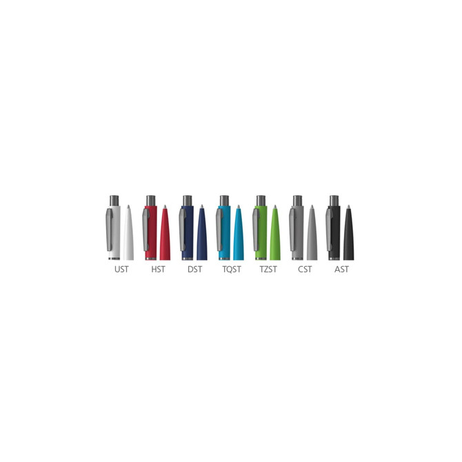 A collection of metal pens in various colours: white, red, navy, blue, green, black, and grey, featuring a logo.