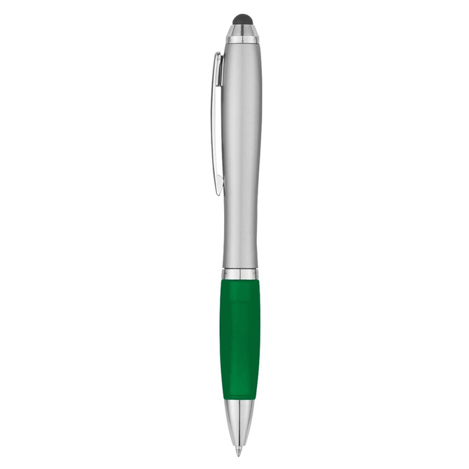 A stylus pen with a silver body and a green rubber grip, featuring a branding logo.