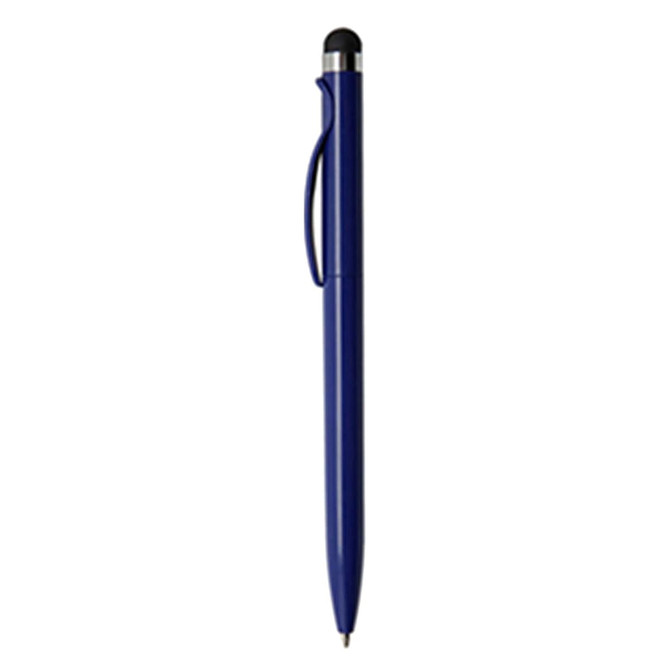 A sleek blue stylus pen with a black tip and a clip for easy attachment. Features a simple design and branding.