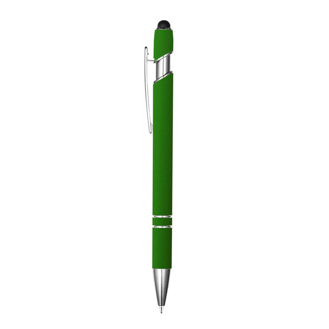 A green stylus pen with a silver clip and tip, featuring a sleek design and smooth grip.