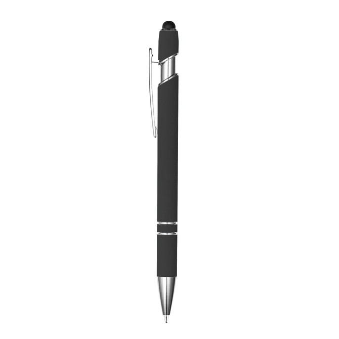 A sleek black stylus pen with a metallic tip and a clip, featuring a smooth, textured grip and a branding logo.