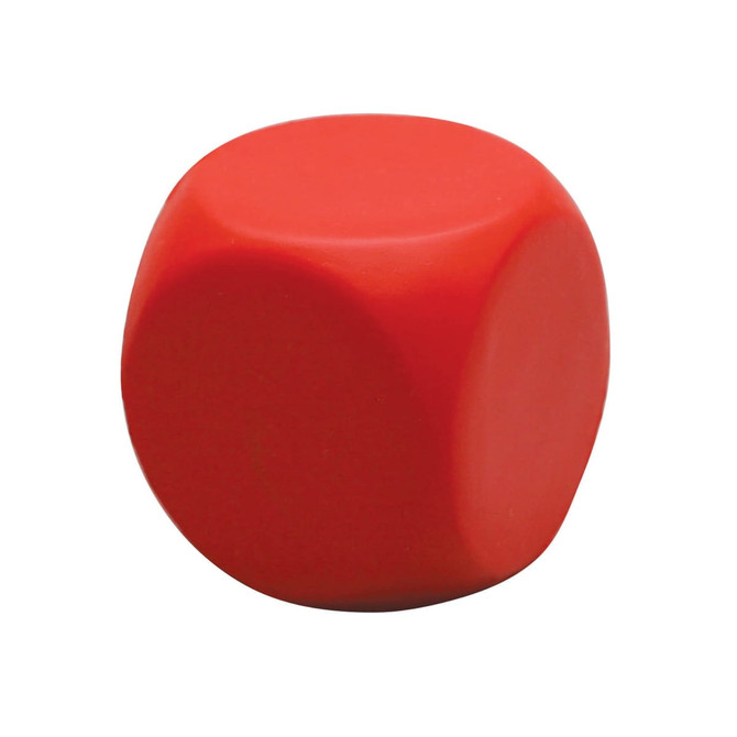 A red stress round cube with smooth surfaces, designed for stress relief. It features a logo.