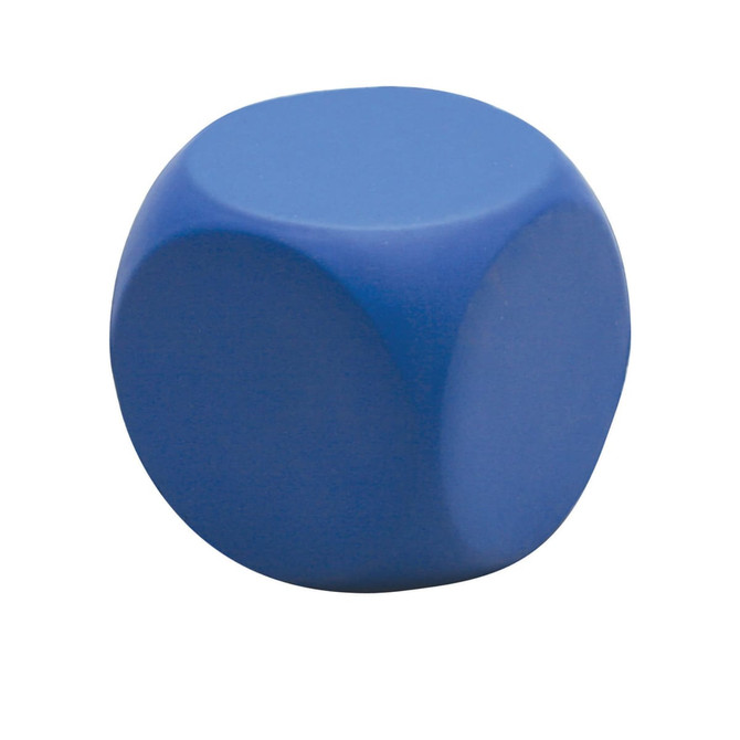 A blue stress round cube with a smooth, rounded surface and a simple design. It features a logo.