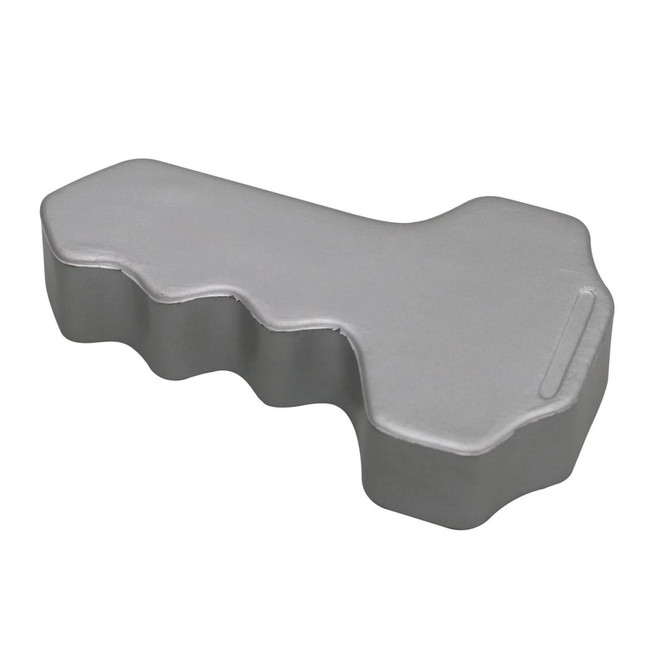 A grey key-shaped stress keyring with a smooth surface and ergonomic design. It has a simple branding logo.