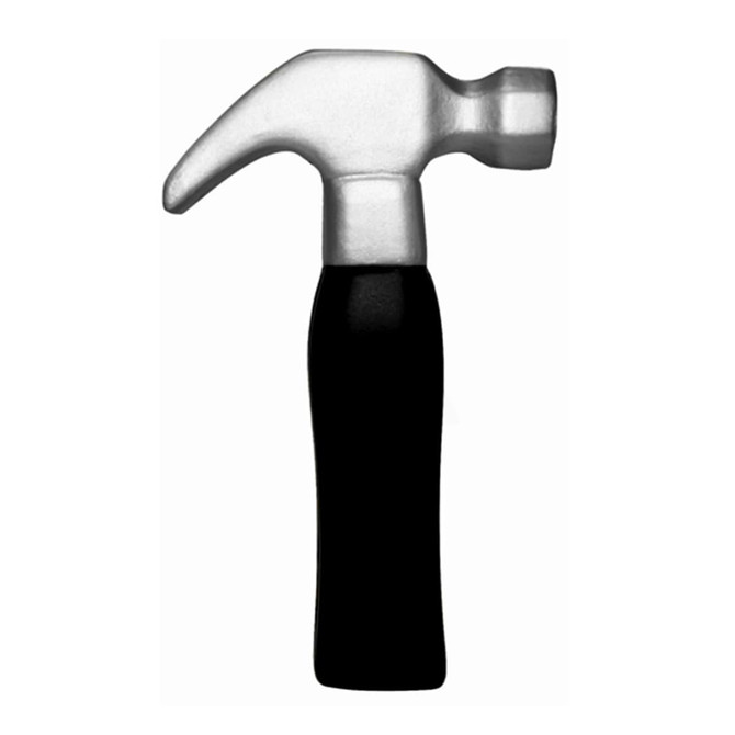 A stress hammer in silver and black, designed as a fun stress-relief tool. It features a simple, sleek design and a logo.