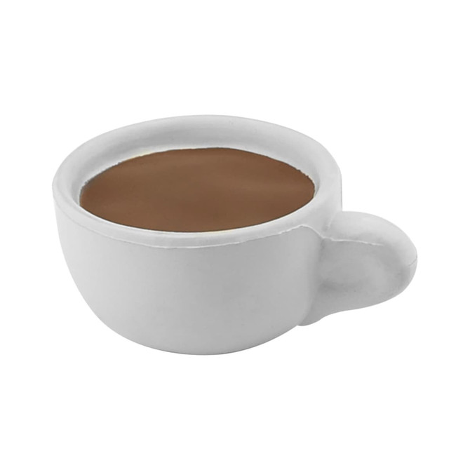 A white stress tea cup shaped like a classic mug, with a brown liquid resembling tea inside.
