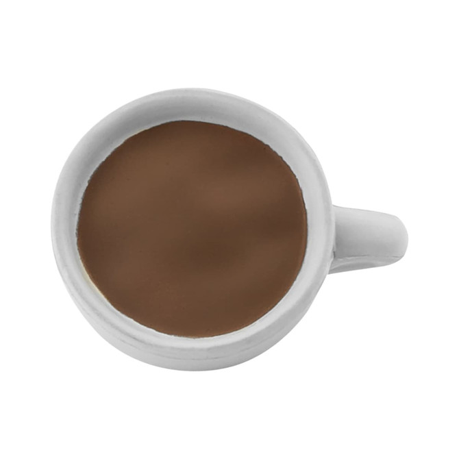 A white ceramic cup filled with a brown liquid, resembling tea or coffee, with a simple handle.