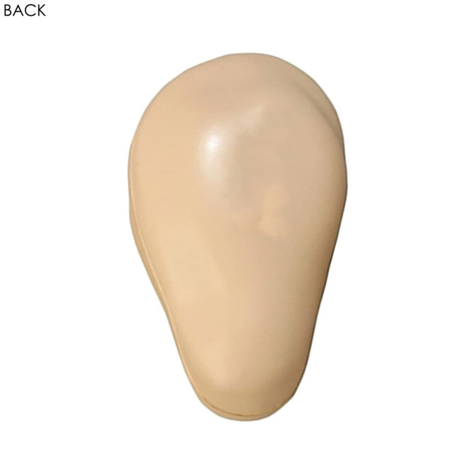 A beige stress relief shape resembling an ear, featuring a smooth surface and an unspecified logo.