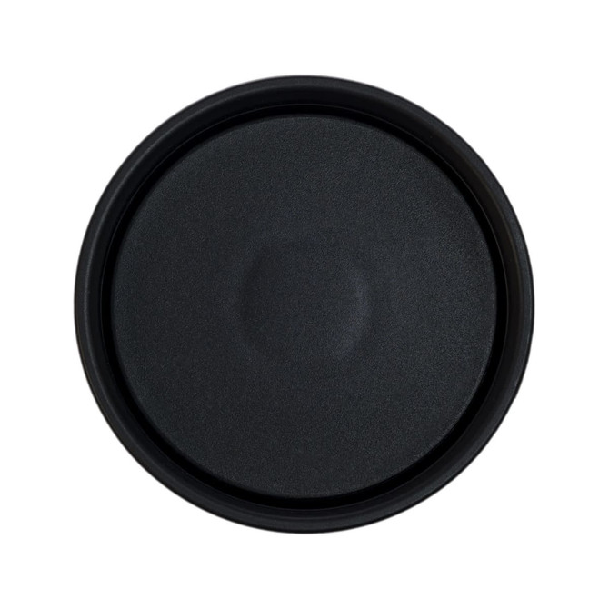 A black stainless steel coffee cup with a smooth, rounded lid top and a simple design.