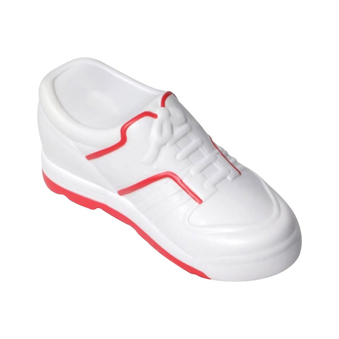 A white stress relief shoe with red accents, featuring detailed laces and a textured sole.
