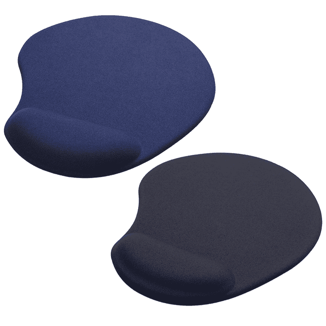 Two solid navy mouse pads with integrated wrist rests, featuring a smooth surface and rounded edges.