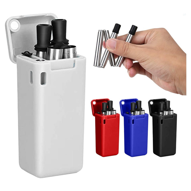 A portable container holding foldable metal straws in silver and a hand holding additional straws. Available in red, blue, and black.