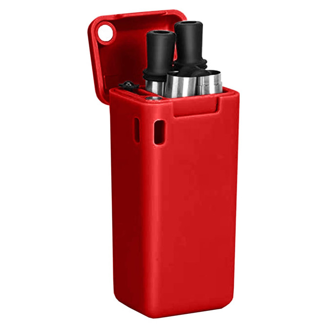 A red case containing a foldable metal straw and two black silicone tips, featuring a logo.