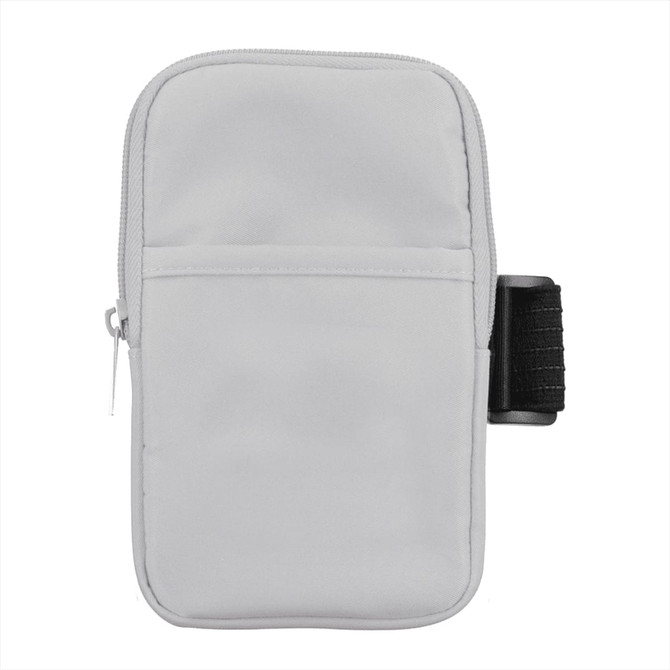 A drink bottle pouch in grey, featuring a zippered compartment and an adjustable strap, with a logo present.