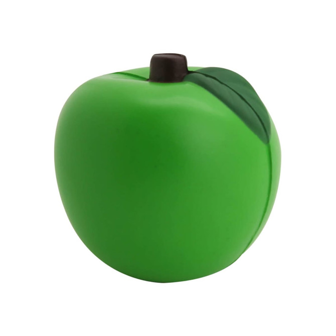 A green stress apple with a dark green leaf and a brown stem, featuring a smooth, rounded design.