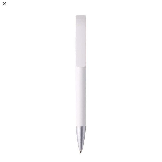 A white plastic pen with a silver tip and a simple design. The pen features a branding logo.