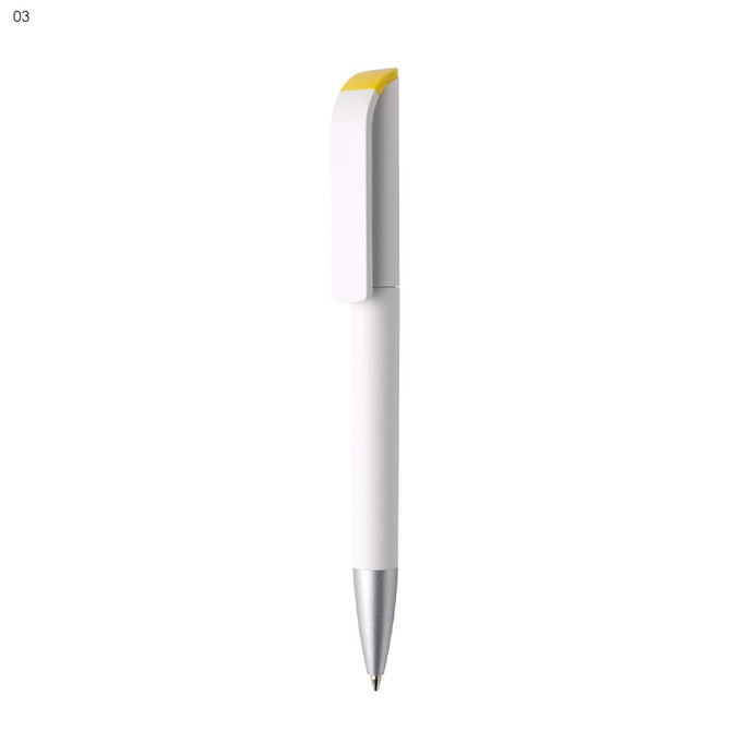 A white pen with a yellow cap and silver tip. The pen has a sleek design and features a branding logo.