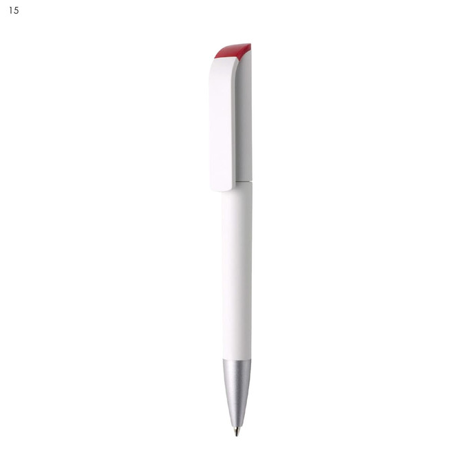 A plastic pen in white with a red clip and silver tip, featuring a logo on the body.