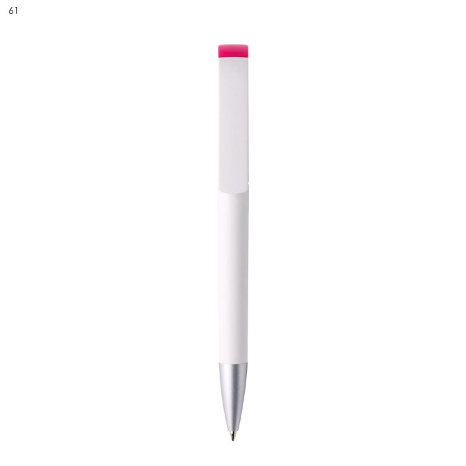 A plastic pen with a white body and a pink top, featuring a silver clip and tip, and a branding logo.