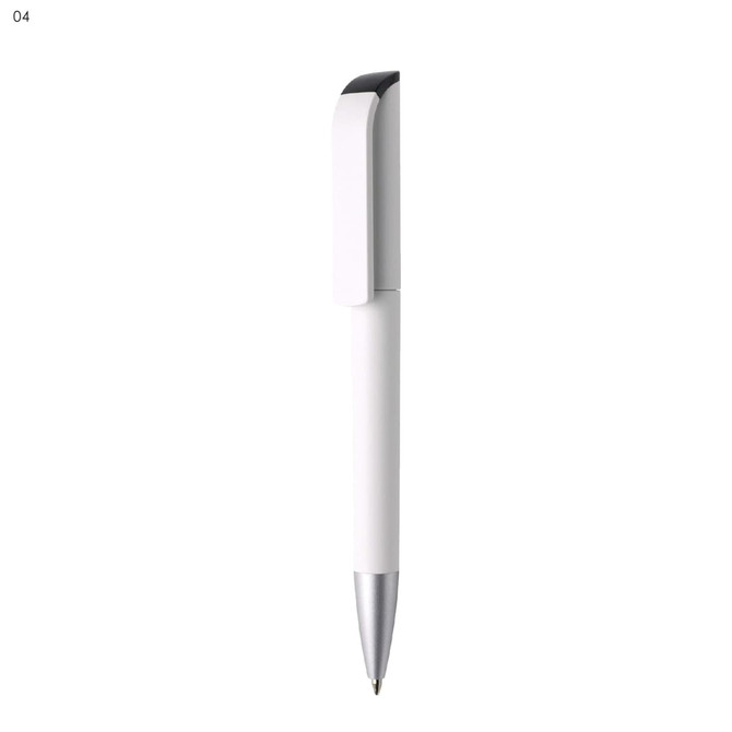 A white plastic pen with a silver tip and clip, featuring a logo on its body.