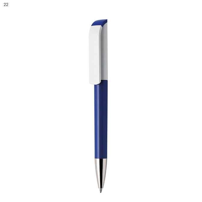 A blue plastic pen with a white clip and a metallic tip, featuring a logo.