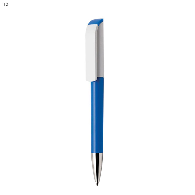 A blue plastic pen with a white clip and silver tip. The pen has a sleek design and includes a logo.