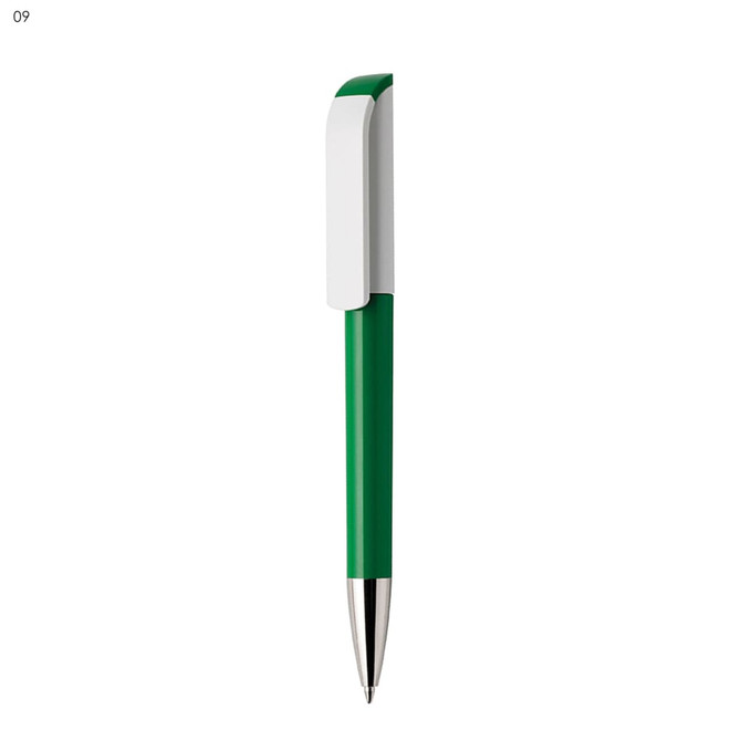 A green plastic pen with a white clip and a silver tip, featuring a logo on its side.