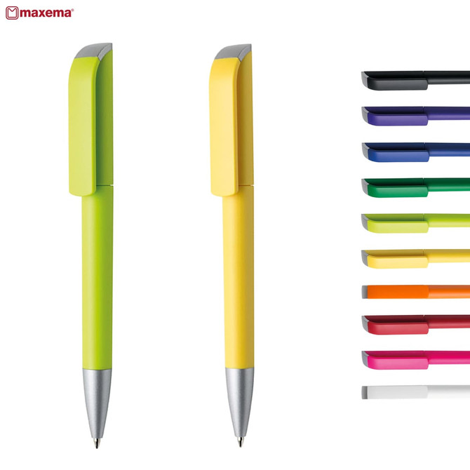 A collection of plastic pens in various vibrant colours, including green, yellow, and black, with a logo present.