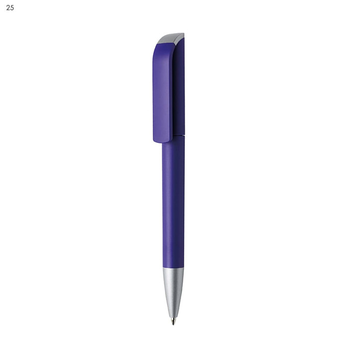 A purple plastic pen with a silver tip and a clip. The pen features branding on its body.