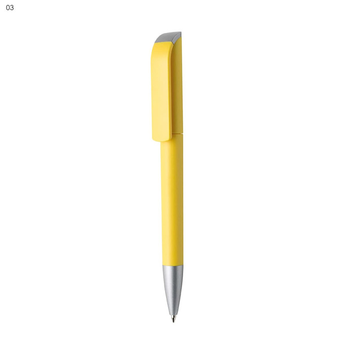 A yellow plastic pen with a silver tip, featuring a clip and a branded logo.