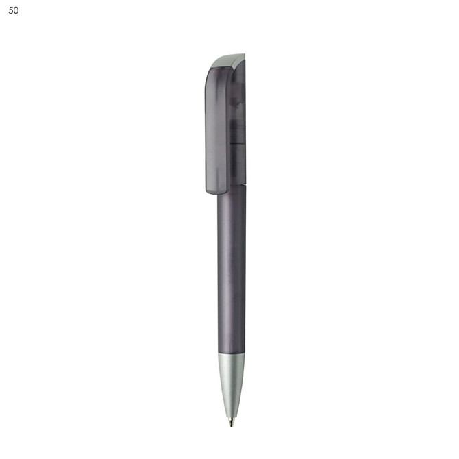 A plastic pen with a grey barrel and a translucent grey cap, featuring a silver clip and nib.