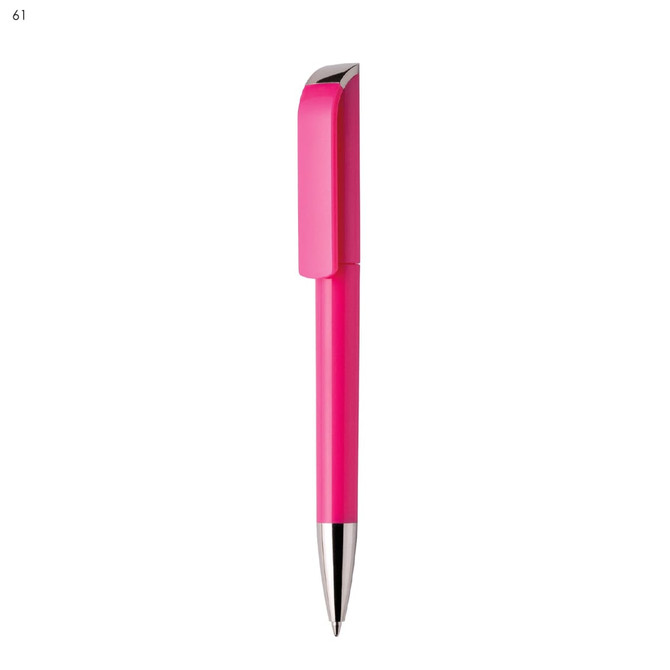 A pink plastic pen with a shiny silver tip and a clip at the top, featuring a logo.