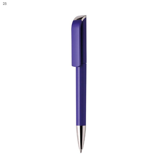 A purple plastic pen with a metallic clip and tip, featuring a smooth design and a logo on the body.