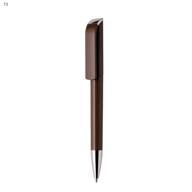 A brown plastic pen with a sleek design and a silver tip, featuring a clip and a logo.
