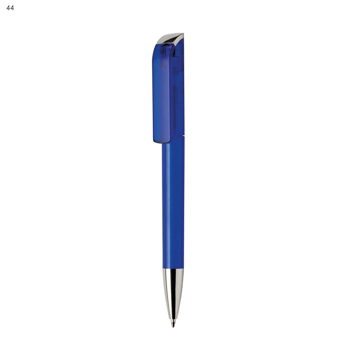 A blue plastic pen with a clear cap and silver accent, featuring a simple design and branding.